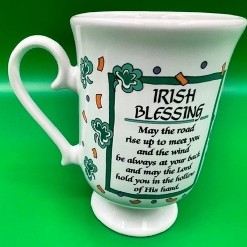Russ Berrie Irish Blessing Mug Unisex Large White Green Shamrock Pedestal 8937